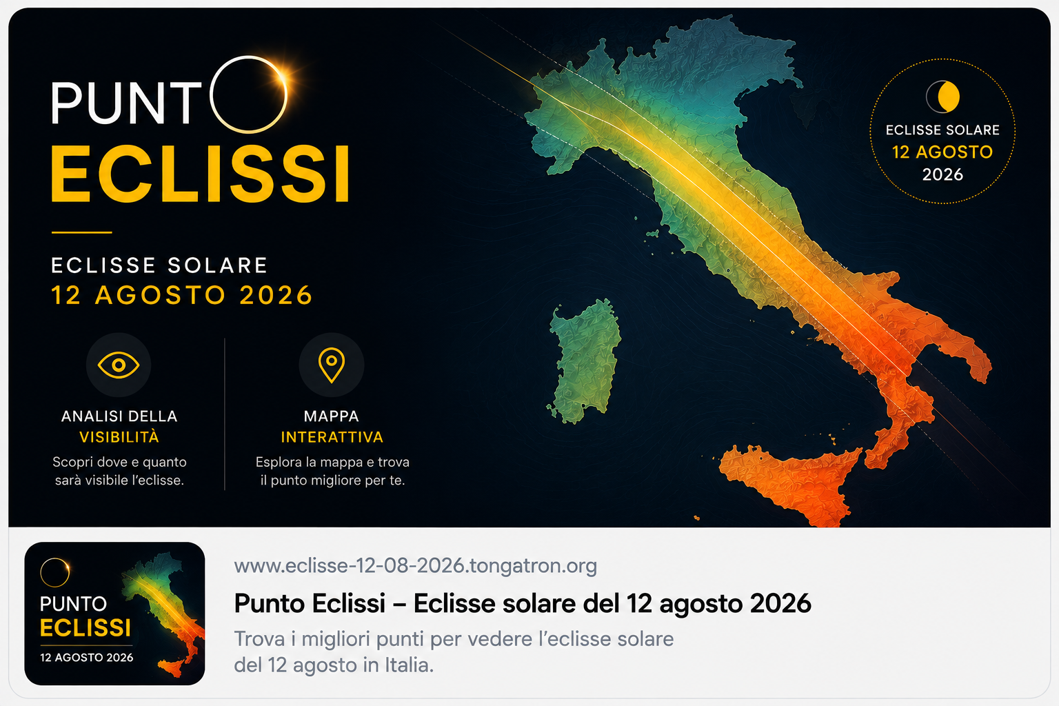 Punto Eclissi: mappa della visibilità dell'eclissi solare del 12 agosto 2026